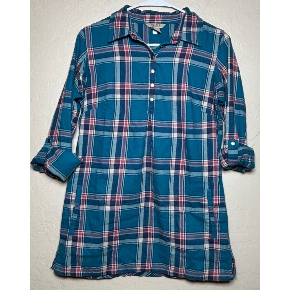 Duluth Trading Womens XS Blue Plaid Flannel Tunic Shirt Roll Tab Sleeves